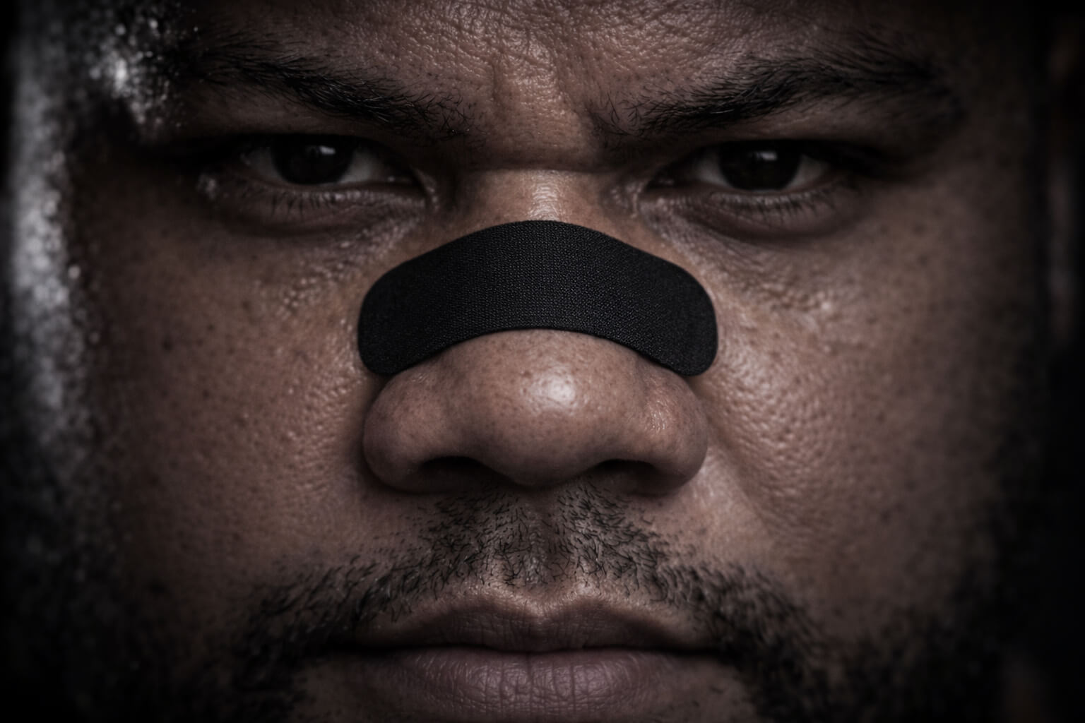 A male rugby athlete stares intensely at the camera while wearing a black BREATHMODE performance nasal strip