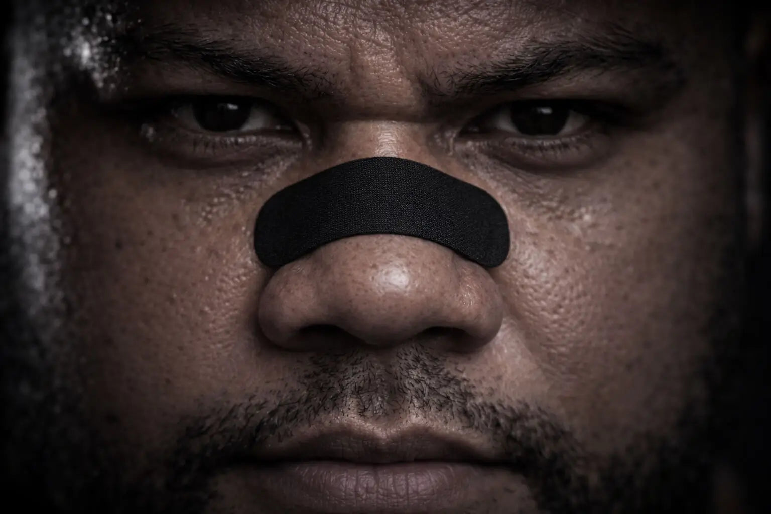A male rugby athlete stares intensely at the camera while wearing a black BREATHMODE performance nasal strip