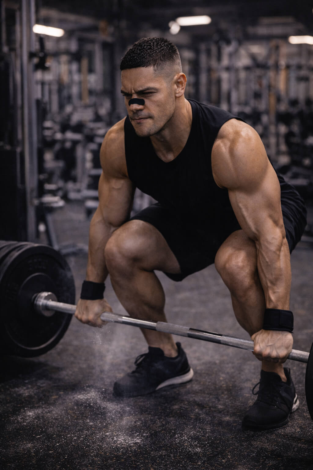 A male athlete wearing a black BREATHMODE performance nasal strip while deadlifting in the gym