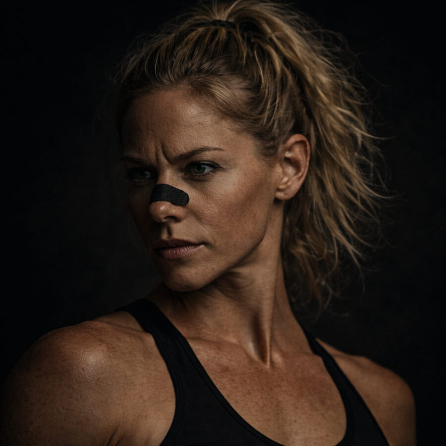 A female HYROX athlete wearing a black BREATHMODE performance nasal strip 