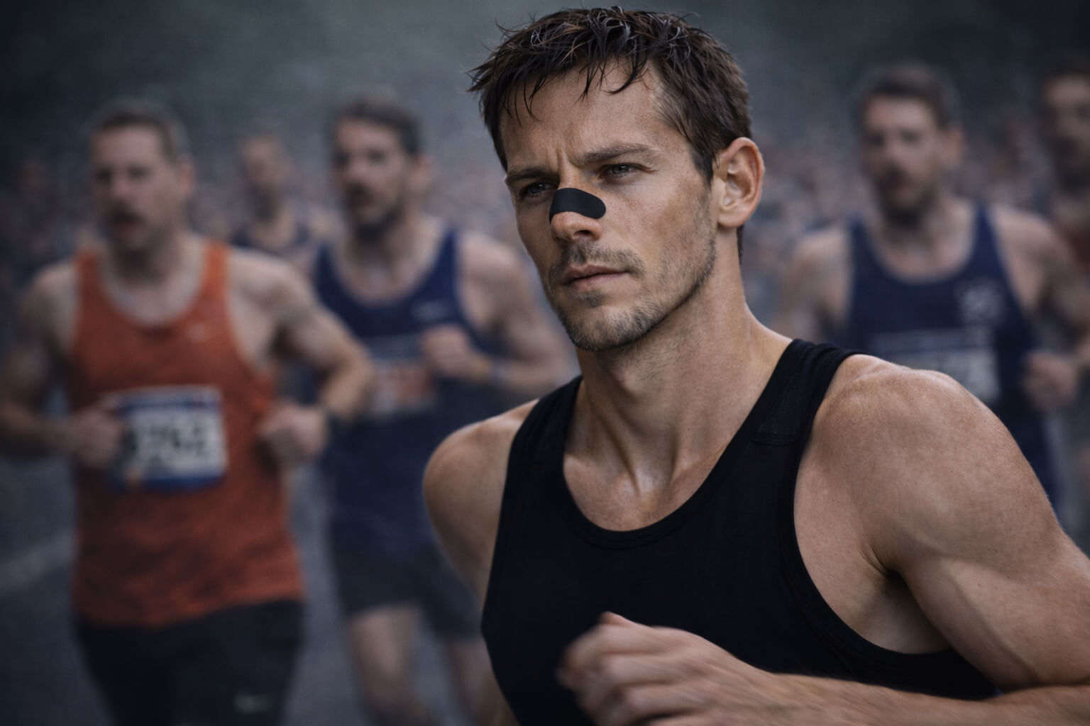 Athlete running in a race while wearing a BREATHMODE high-performance nasal strip.