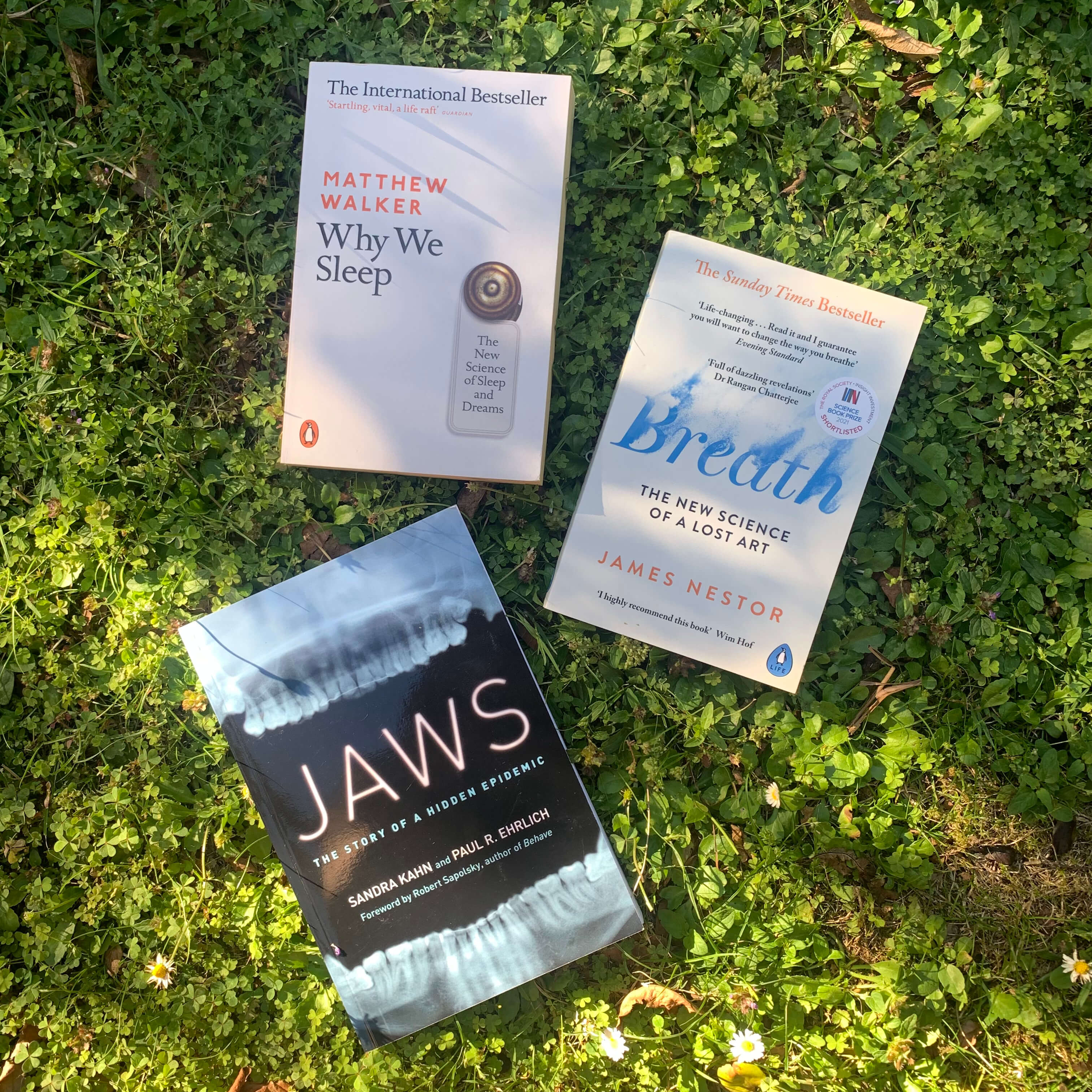 Three books on grass titled 'Why We Sleep', 'Breath', and 'JAWS'. All three of these books informed BREATHMODE founder, Jozef Wright, of the importance of breath and nasal breathing