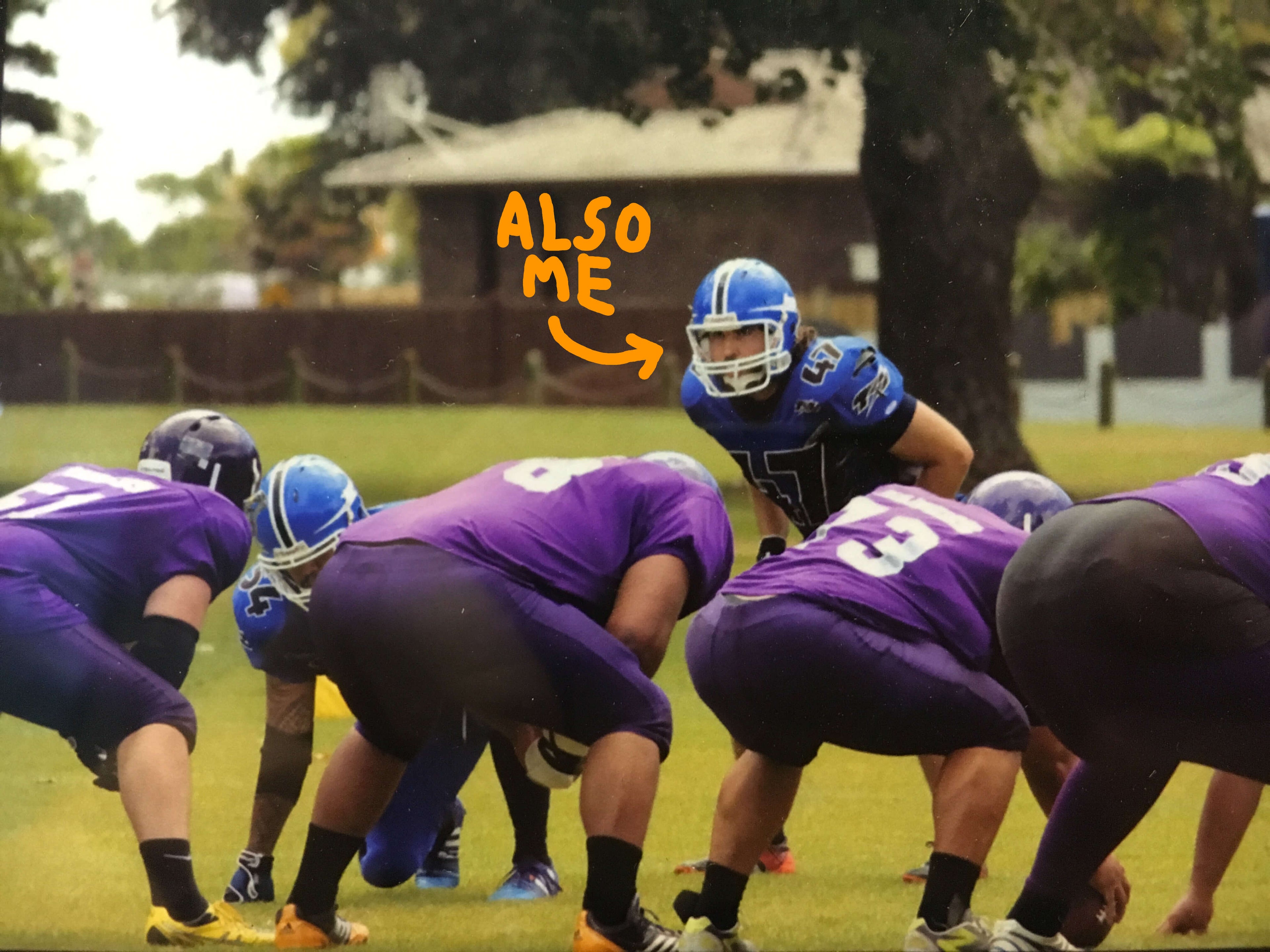 An old photo of BREATHMODE founder Jozef Wright playing linebacker in a game of American Football for the Tamaki Lighting team, where he won Rookie of the Year