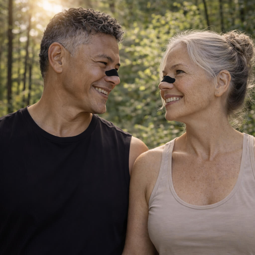 A healthly older couple enjoy the sun and their health together while wearing black BREATHMODE nasal strips