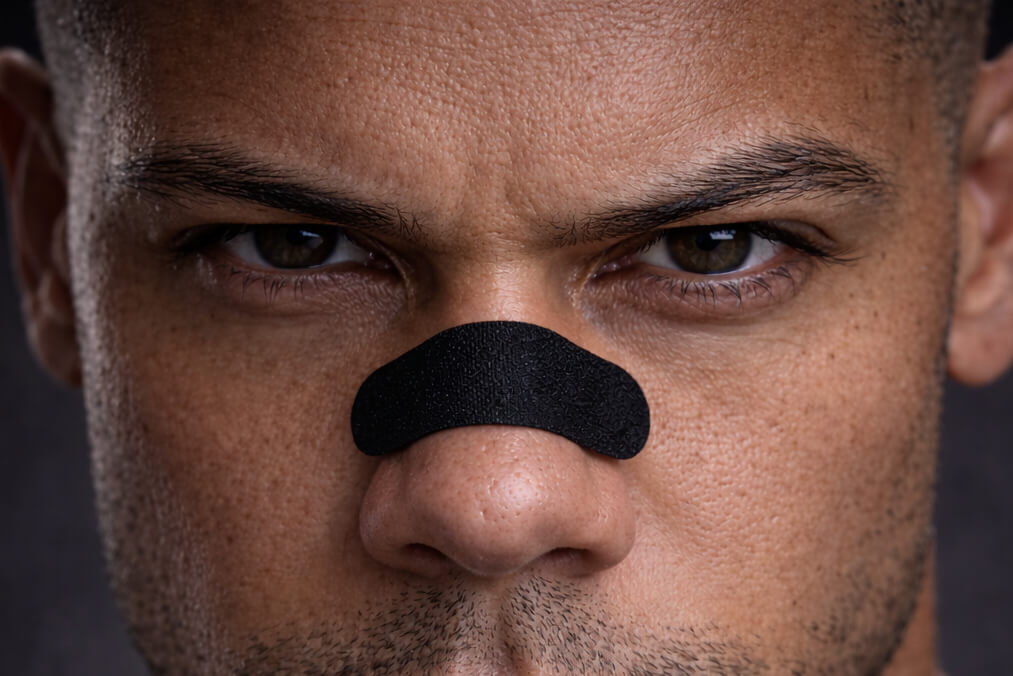 A male all rounder athlete is staring intensely at the camera while wearing a black BREATHMODE performance nasal strip