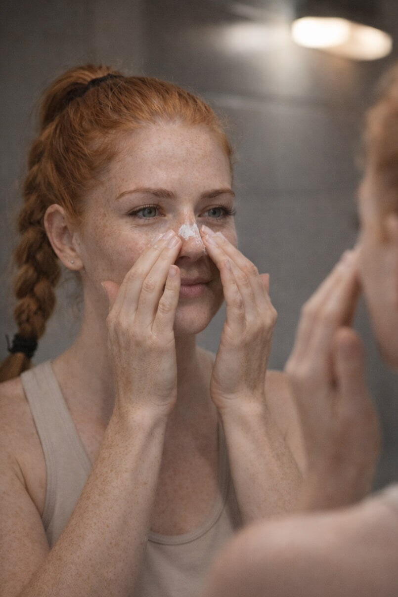 A female tennis athlete applying moisturiser to her nose an hour early so when she puts on a BREATHMODE sleep nasal strip it adheres well