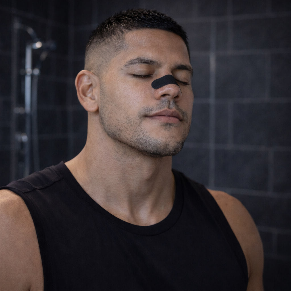 A male athlete takes a deep nasal inhale now that he has successfully and properly applied a black BREATHMODE nasal strip 