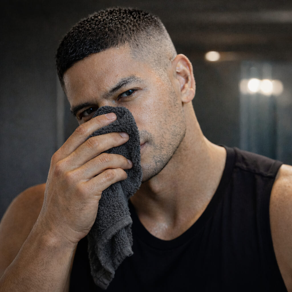 A male athlete is washing and cleaning his nose before applying a black BREATHMODE nasal strip