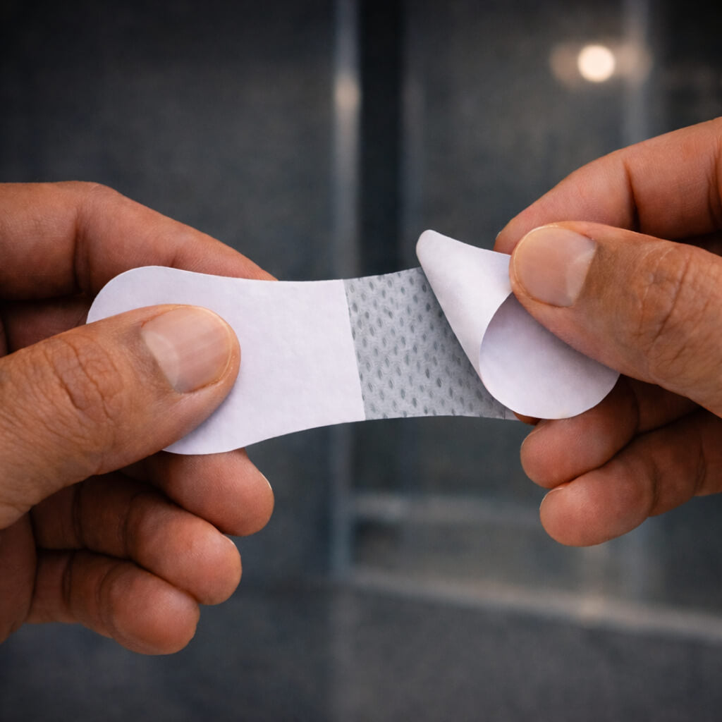 An athlete demonstrates how to peel the backing off the BREATHMODE nasal strip to prepare to put it on
