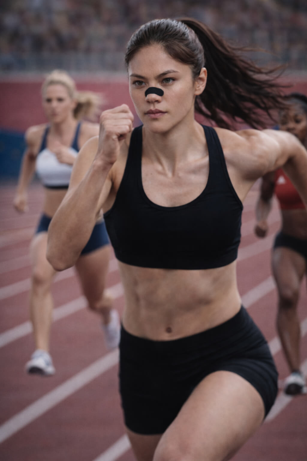 Female athlete running a 200m race wearing a black BREATHMODE nasal strip