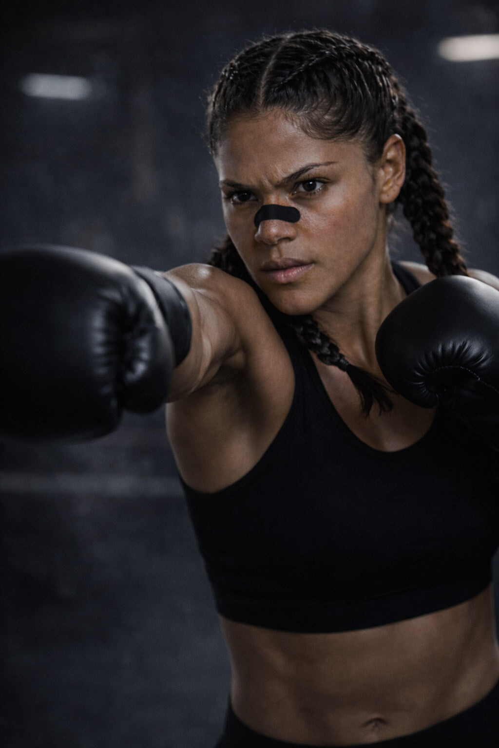 A female boxer throws a punch while wearing a black BREATHMODE nasal strip