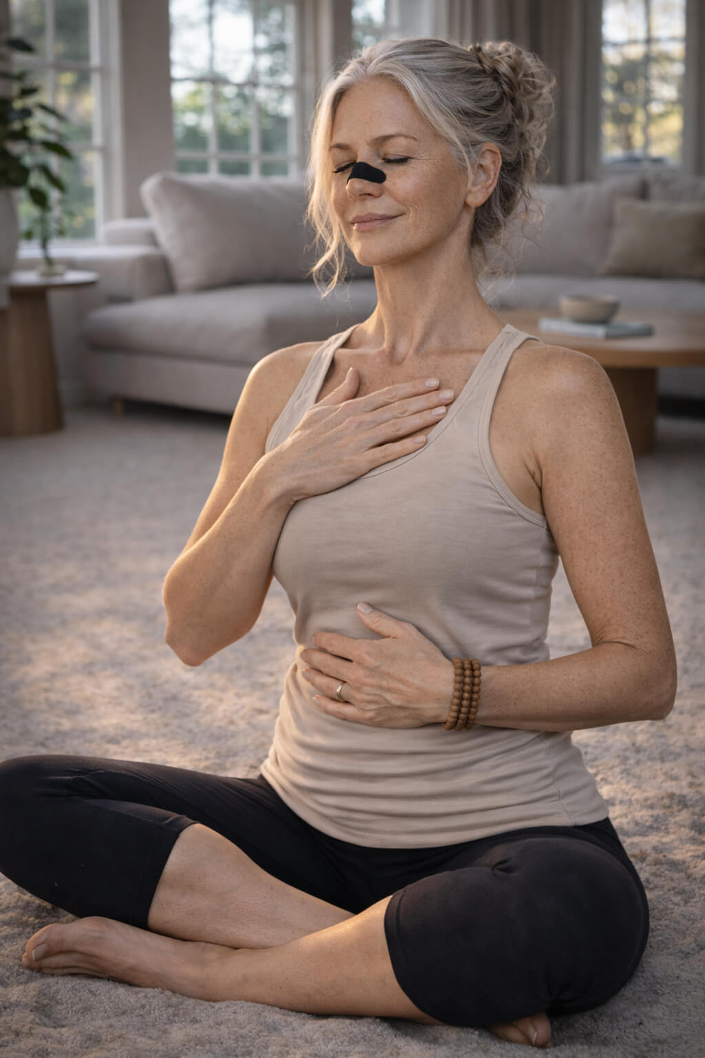 An older female practicing breathwork and mediation while wearing a black BREATHMODE nasal strip to enhance her practice