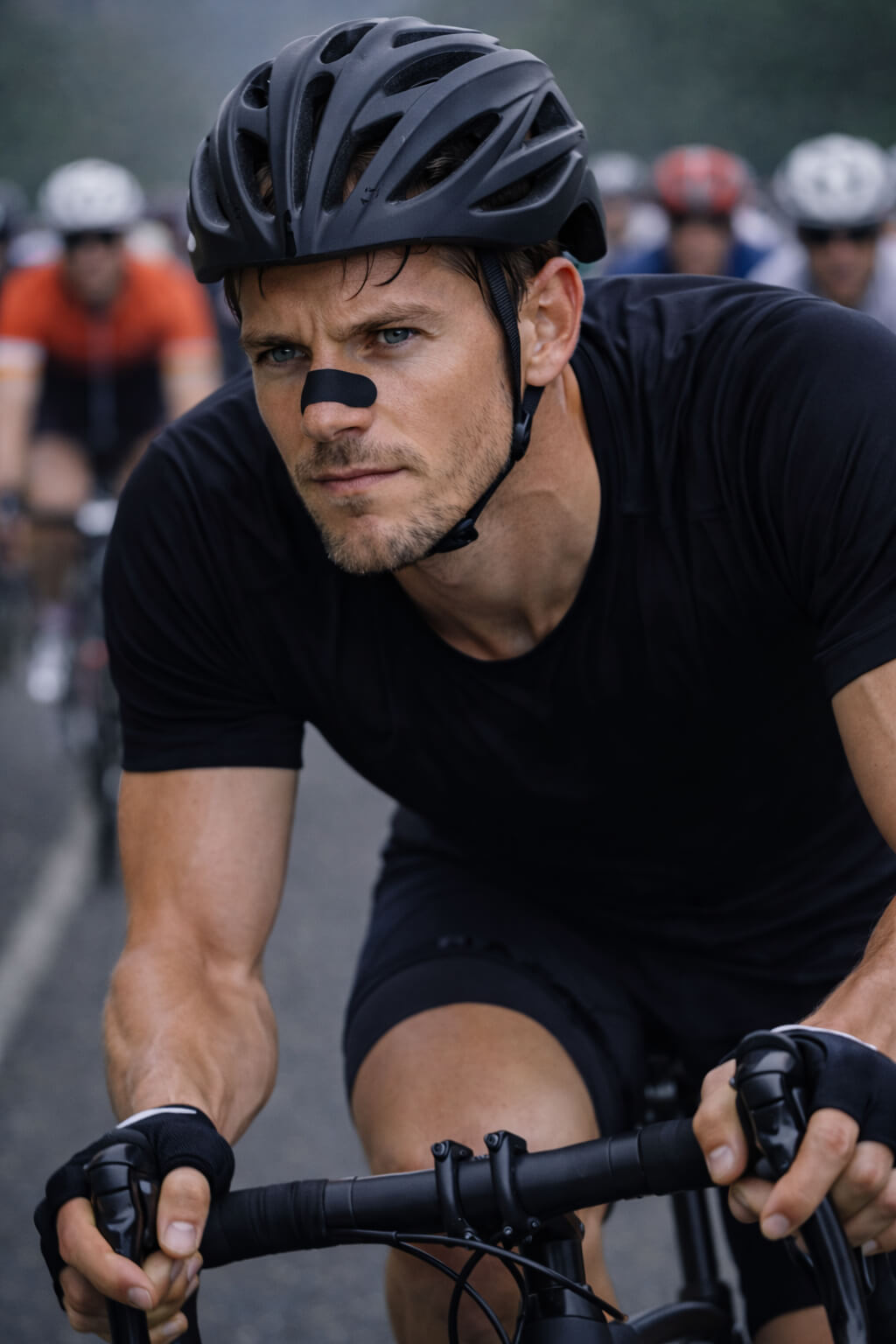 Male athlete cycling in a road race while wearing a black BREATHMODE nasal strip.