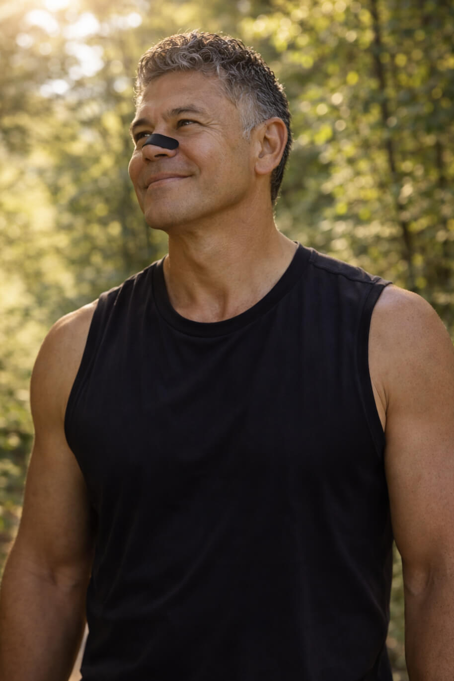 An older male walk through the forest looking fit and healthy while wearing a black BREATHMODE nasal strip