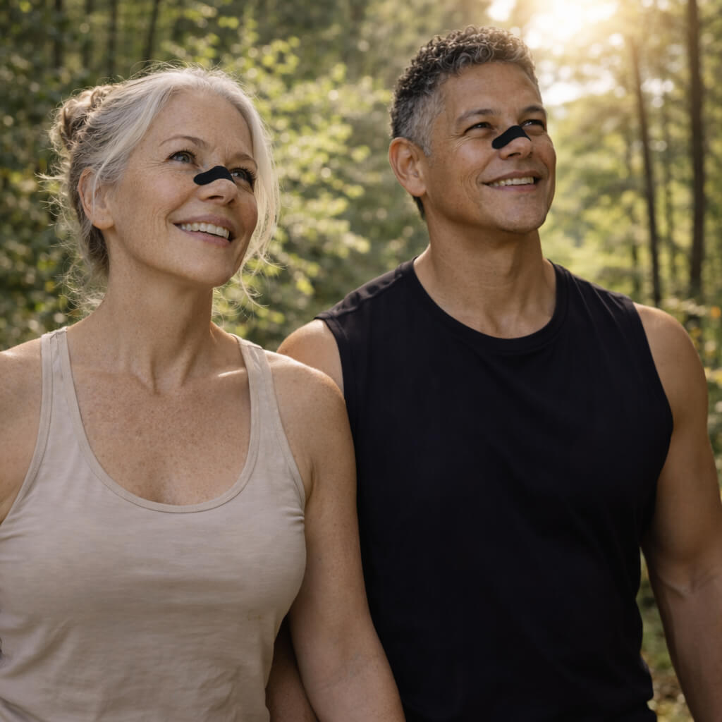 Two older people walk hand in hand through the sunny forest having a good time, enjoying their health, while wearing black BREATHMODE nasal strips