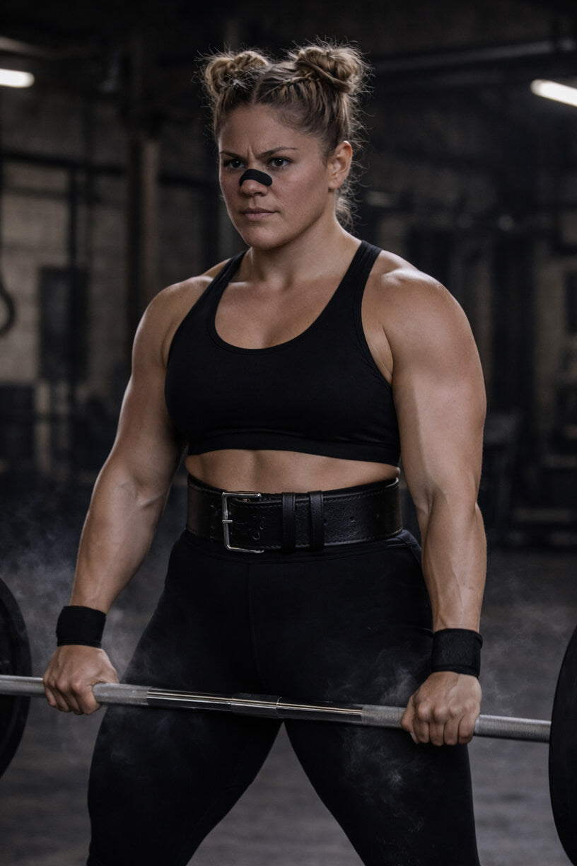 A female powerlifting athlete performs a deadlift while wearing a black BREATHMODE performance nasal strip 