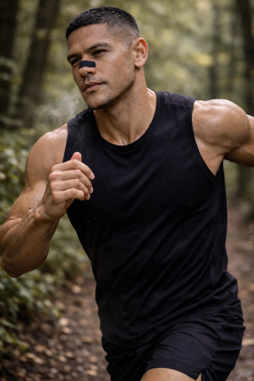 Male athlete running through a forest trail while wearing a black BREATHMODE nasal strip