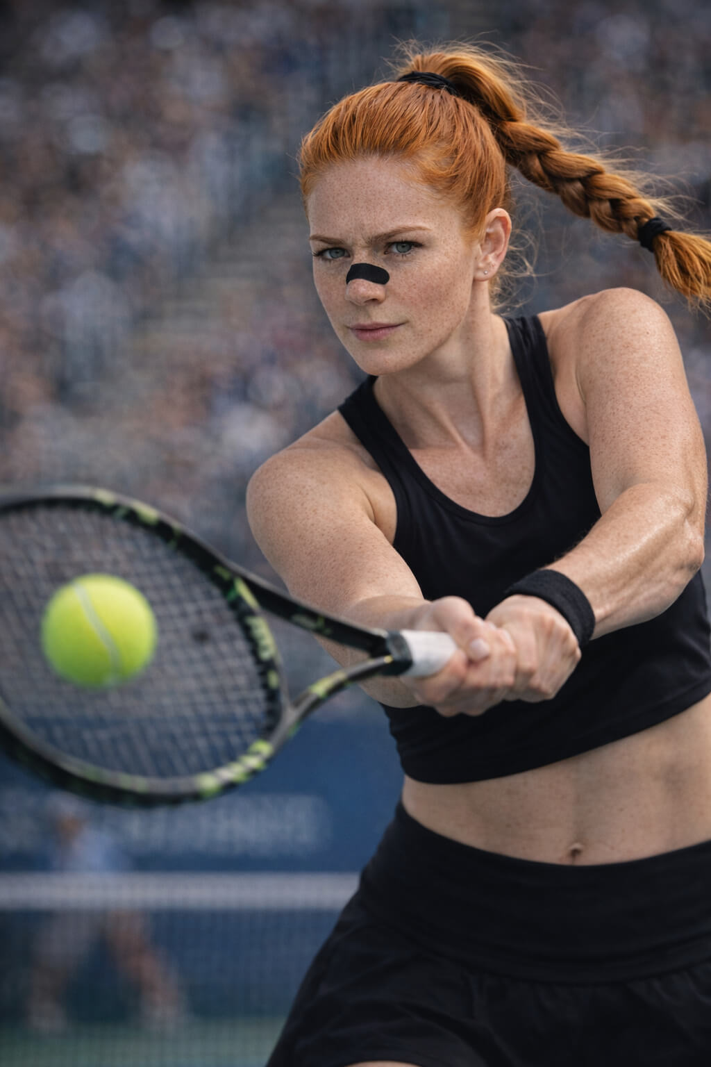 A female tennis player returns a forehand while wearing a black BREATHMODE nasal strip