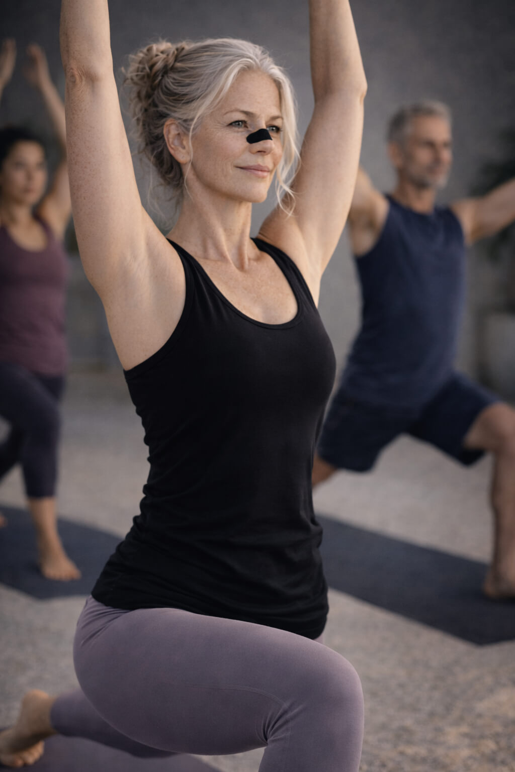 A female yogi is practicing yoga while wearing a black BREATHMODE nasal strip