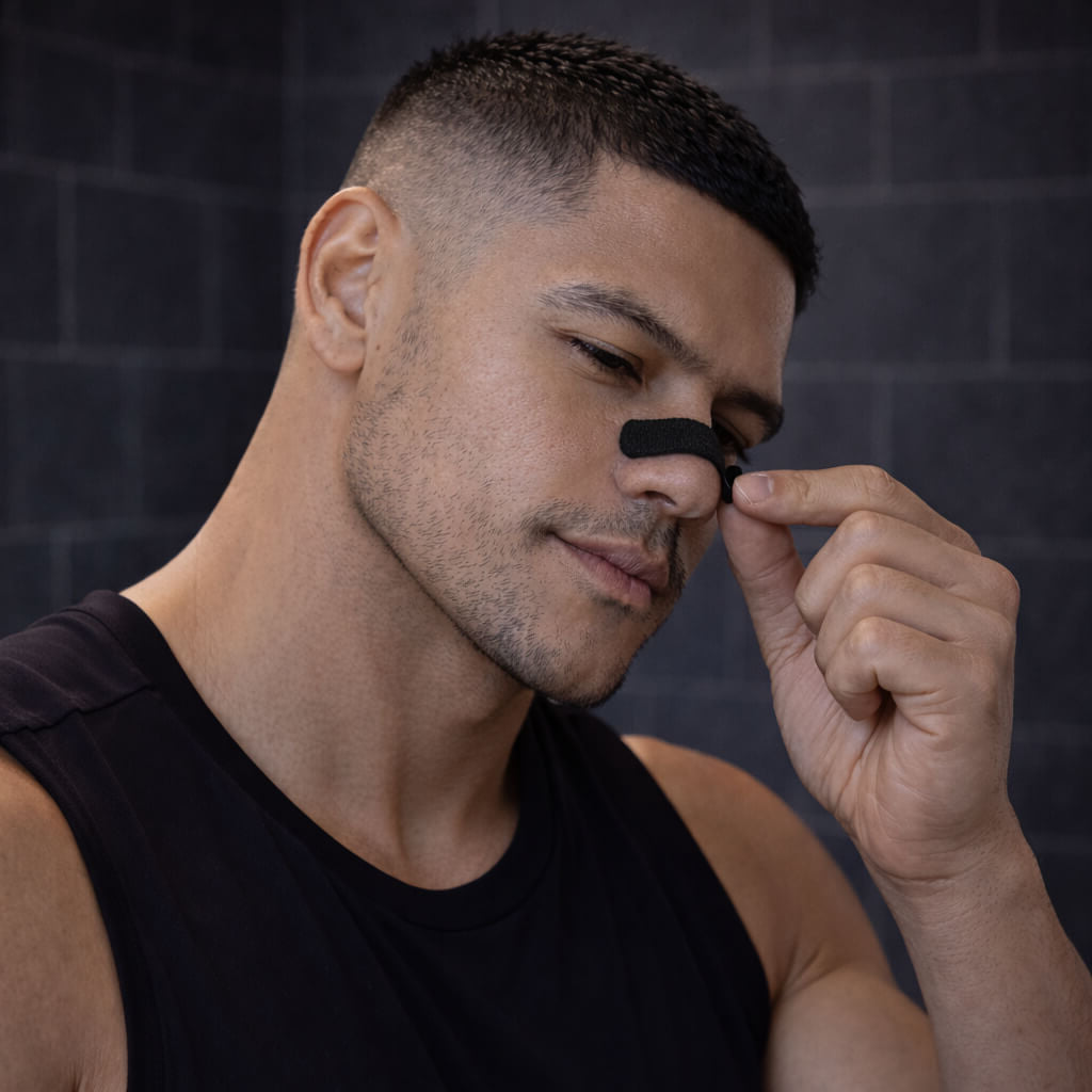 A male athlete demonstrates how to remove the BREATHMODE nasal strip by lifting the edges up with his fingers