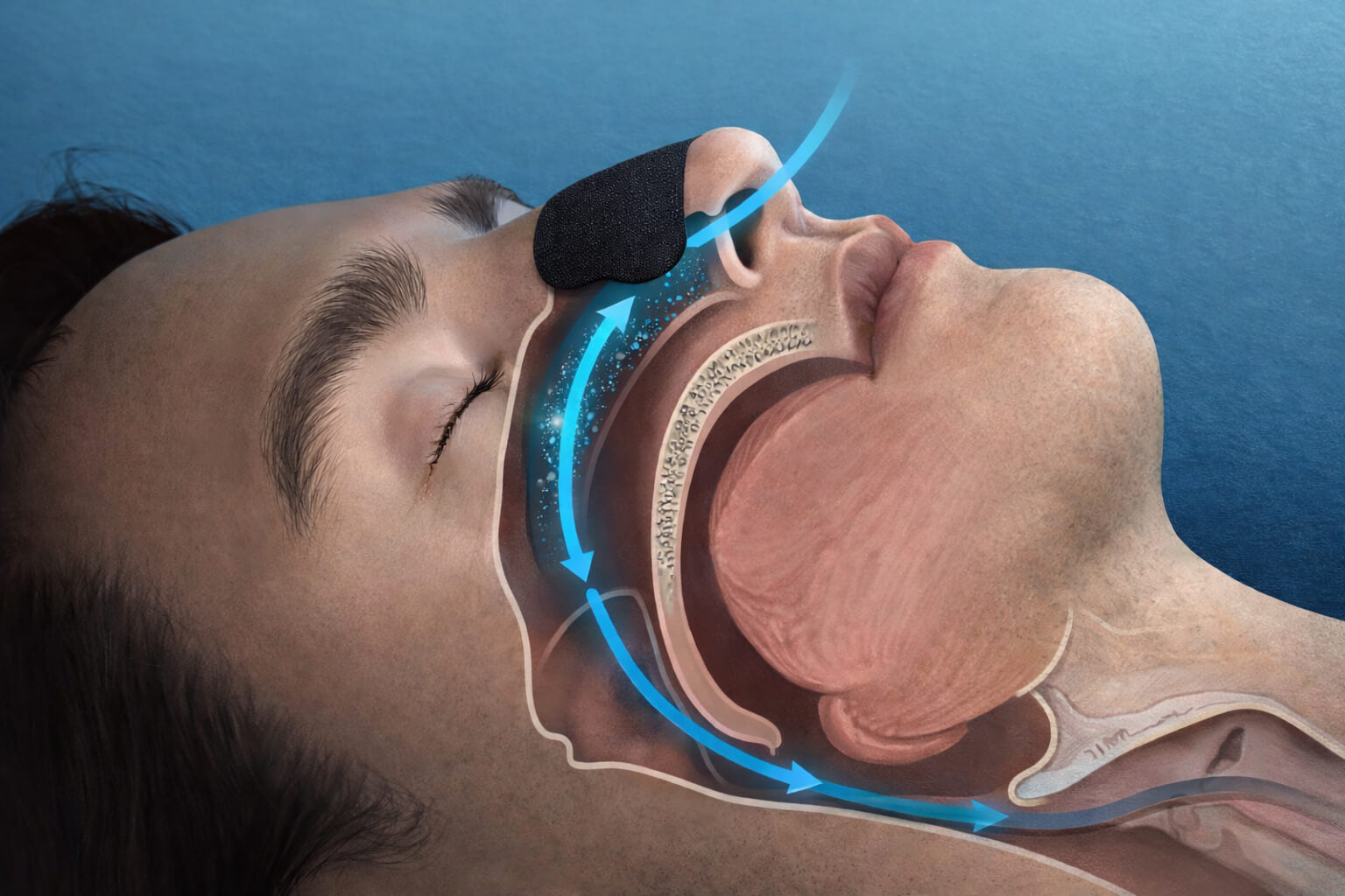 A diagram showing how nasal strips and nose breathing works