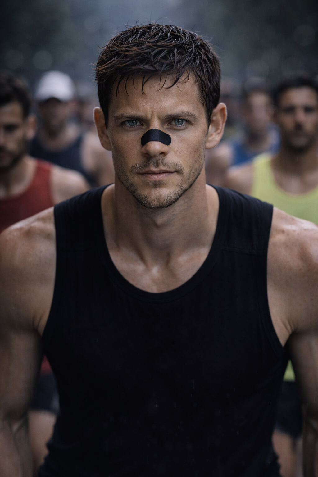 A male athlete is at the starting line of a running race while wearing a black BREATHMODE performance nasal strip